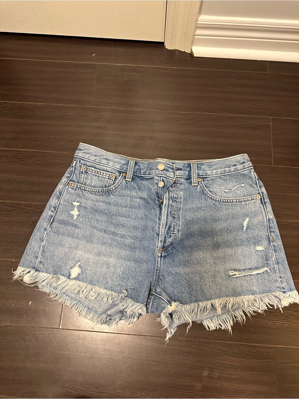Denim Forum Light Blue Distressed Frayed-Hem Jean Shorts